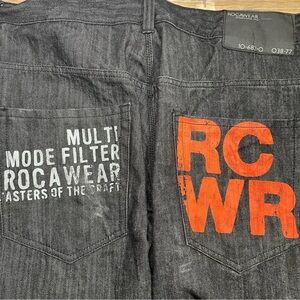 Rocawear RCWR Wide Baggy Graphic Loose Denim Jeans‎ Men's Size 42 x 32 Black EUC